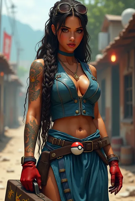 Create a female character with Ecuadorian features from the skin "saporo kui ji" de Call of duty, that has very long dark brown braided hair, an ultramarine blue leather vest, long blue greek style skirt, Cinnamon skin, round lenses, a leg of steel, red fi...