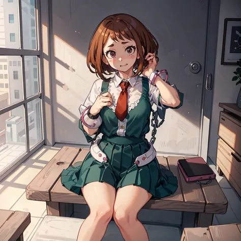 ((Uraraka Ochako)), ​masterpiece, sitting, office background, minimalist art, detailded, meticulous art, No defects, character focus, cenário detailded, Proportionate Body, beautiful  face, Body cute, animated cartoon, arte anime, perfect art, perfectionis...