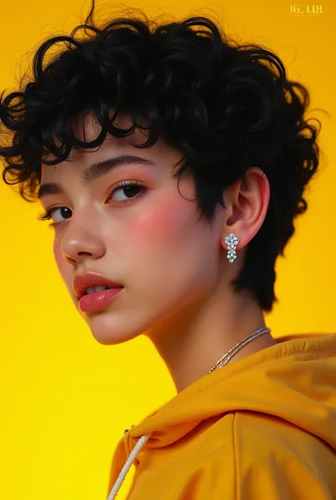 Yellow teenager,with short curly black hair,with diamond earring in the left ear  