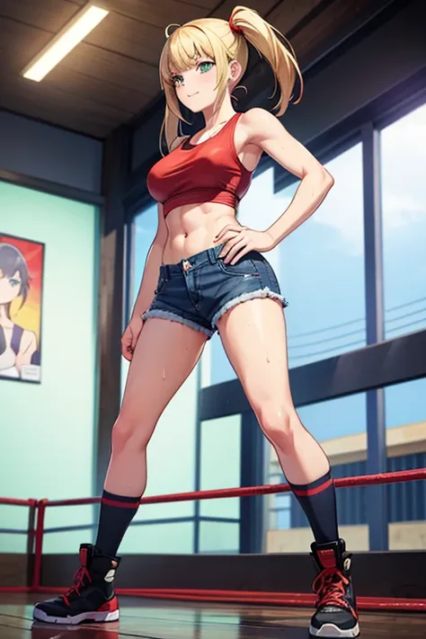 Anime Art、Full body portrait、Professional wrestling ring、A female martial artist, around , about 155cm tall, wearing a red tank top and blue jean shorts, standing upright with her hands on her hips、View from below at an angle、Her hairstyle is short twin ta...