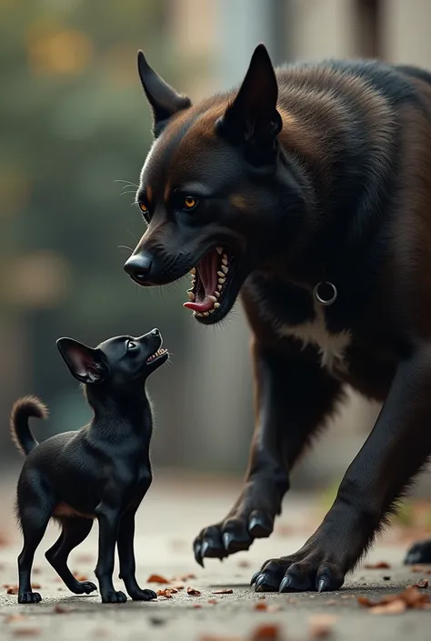 Image of a black chihuahua fighting with a large dog