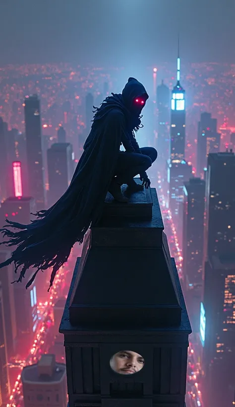 a closeup of fantastical image of an assassin, darkness of night fall, clad in flowing, flowing scarf, sword carried behind the body, squatting on top of the building at the end of the clock tower like an assassin, sitting squatting pose, hands touch the g...