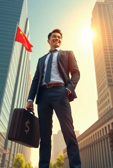 Draw a foreign investor with a big smile and a briefcase with a dollar sign ($). The investor is standing and looking happy. - At his side, It shows a large building with a country flag on top and a bright sun in the sky. cheered up