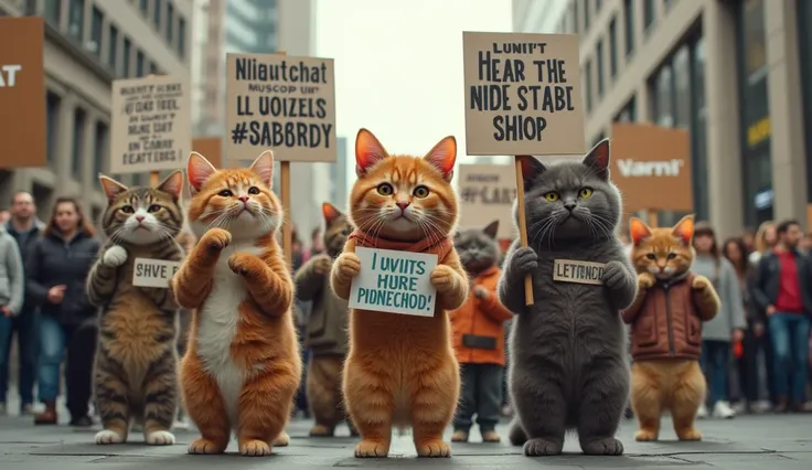 Photorealistic: A group of cats staging a protest, standing on two legs, holding signs with critical messages aimed at content creators worldwide. These cats, of various breeds and colors, demand royalties for using their images. The scene is set in a busy...