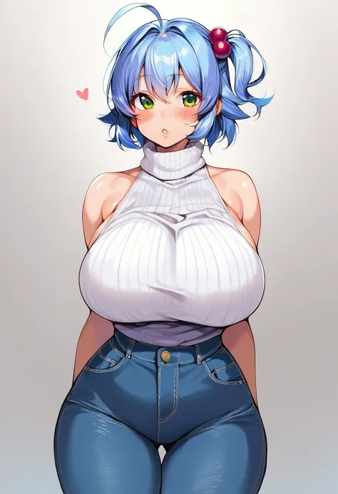 score_9, score_7_up,  1girl, 
huge breasts, wide hips, thick thighs, turtleneck sweater, arms at sides, sleeveless sweater, bare shoulders, green eyes, thighs, one side up, sleeveless, pants, curvy, breasts, denim, jeans, sweater, hair bobbles, sleeveless ...