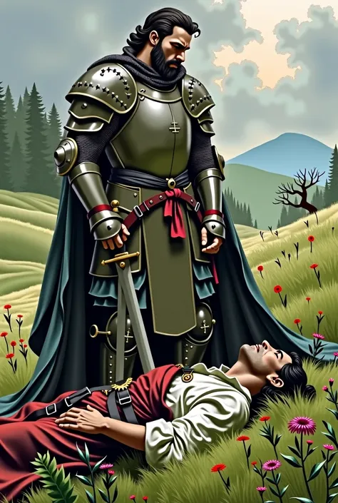 Knight with sword stuck in the ground with his friend lying wounded in front of him on a grassy field
