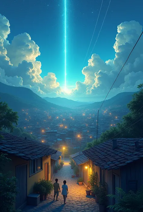 A very bright sky with a discreet beam of light directly into the favela 