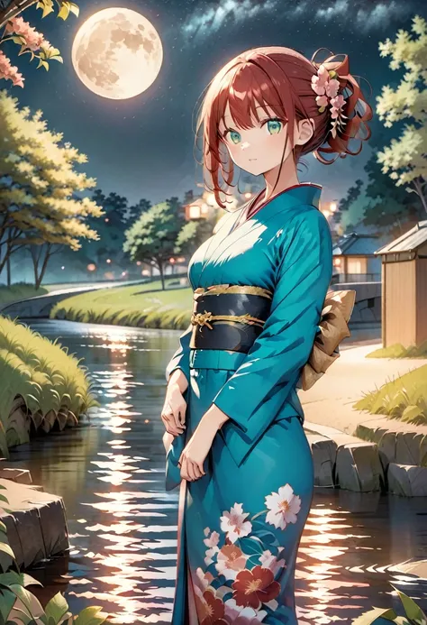 one anime-style woman, red hair, long ponytail, green eyes, kimono, woman in kimono, light blue yukata, night sky, riverbank, fu...