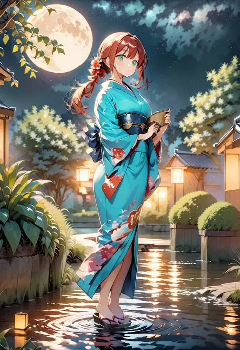 One anime-style woman, Red hair, Long Ponytail, Green Eyes, kimono, Woman in kimono, Light blue yukata, Night Sky, Riverbank, full moon