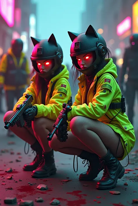 2 women ,  cat face helmet, plush, fluorescent clothing, bright colors, robotic body parts, blood,   GUN IN HAND, squatting, apocalipsis zombie, Red eyes, mutton legs, metal wings, shoulder pads, , military breastplate, fishnet stockings, high stiletto boo...