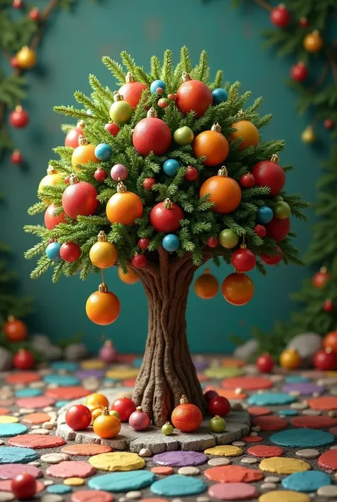 Tree with fruits, small Christmas balls with beautiful unique colors and the floor of stones of different and unique colors