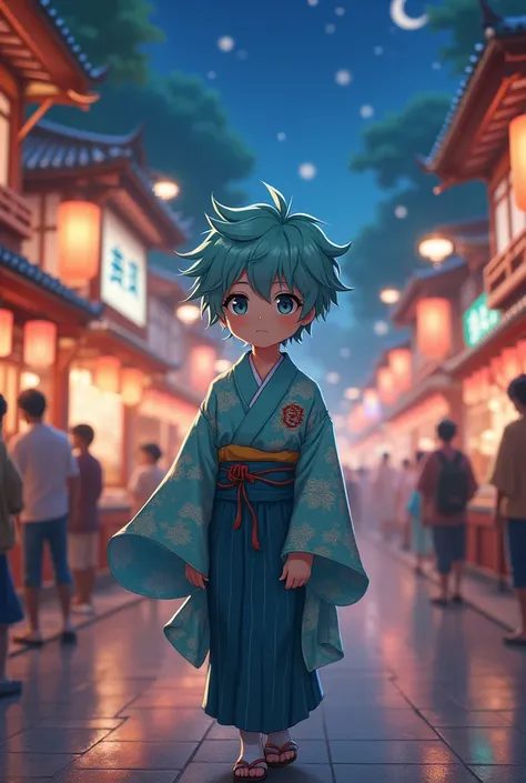 Anime male, a young small kid with short  light turquoise hair, spiky hair, kimono, night, bright village with lights, crowd, walking in street, grey eyes, long lashes