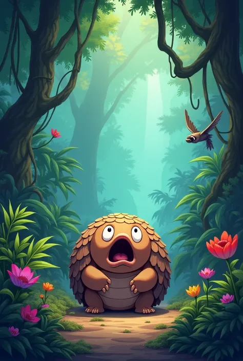 a round pangolin shocked face in the magical jungle cartoon version