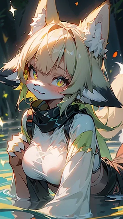 masterpiece,insanely detailed, absurdres, 16K, a girls, kemono, furry face, evil smiling, grinning,luminous eyes, with sparkling eyes, lightgreen eyes, narrow eyes, (fox_girl, anthro furry:1.6),(anthro_female_fox:1.2), fluffy fur, hairy body, white backgro...