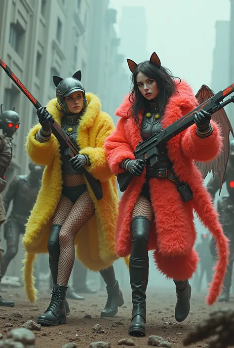 2 women ,  cat face helmet, plush, fluorescent clothing, bright colors, robotic body parts, blood,   swords and guns in hand, squatting, apocalipsis zombie, Red eyes, mutton legs, metal wings, shoulder pads, , military breastplate, fishnet stockings, high ...