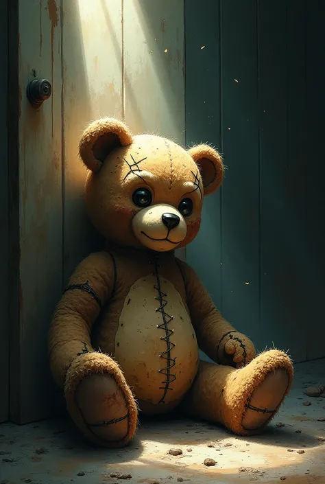 A dark fantasy-themed illustration of a teddy bear sitting in a corner, broken and repaired with multiple stitches, patches, and bandages. The teddy bear is clearly wounded but not defeated, with a determined expression, as if still holding onto hope and s...