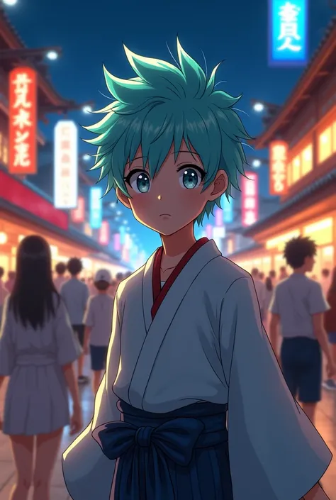 Anime male, kid with short  light turquoise hair, spiky hair, kimono, night, bright village with lights, crowd, walking in street, grey eyes, long lashes