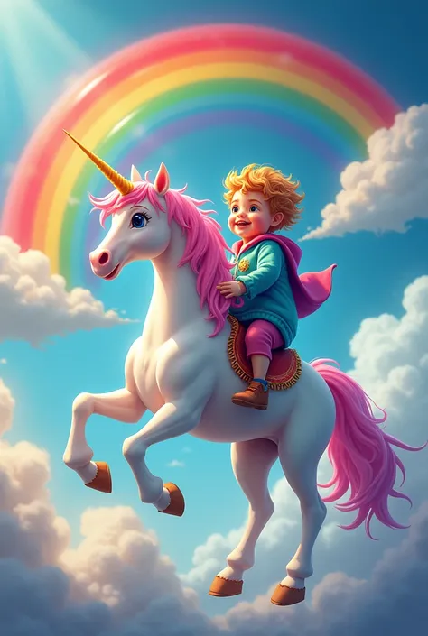 City flag with rainbow, unicorn child and in the clouds 