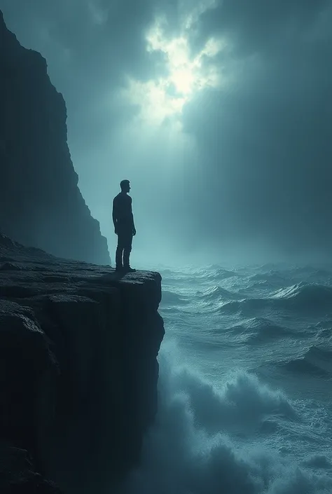 A person standing at the edge of a cliff, looking out over a turbulent ocean. The sky is covered with dark clouds, But there is a ray of light that illuminates the person, symbolizing the decision to face fears.