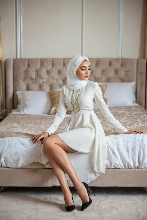 Hijabi Female model, Age 24, modest dress, side cut, amazing legs, sitting on bed, Stilettos, looks down and shy, Beautiful, Confident. Full Body. Side View.1girl, High Resolution, From Side,