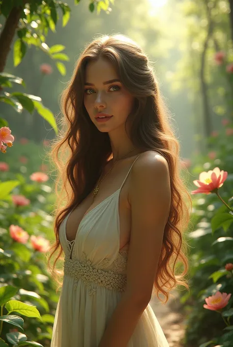 1 beautiful woman in a lush garden, detailed facial features, long hair, elegant dress, (best quality,4k,8k,highres,masterpiece:1.2),ultra-detailed,(realistic,photorealistic,photo-realistic:1.37),HDR,UHD,studio lighting,ultra-fine painting,sharp focus,phys...