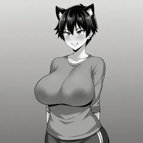 monochrome, netorare, tomboy,breasts, big breasts,1girl,short hair, black hair, cat ears, illustration, 