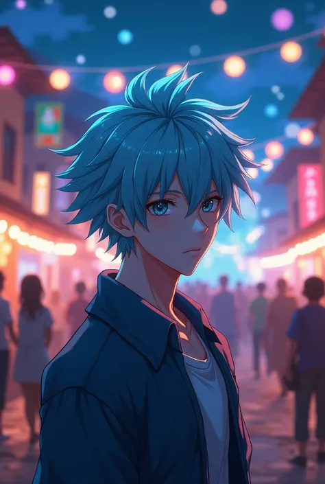 anime male with Light blue spiky hair, grey striking eyes, muscular, pale skin, village night with bright lights celebrating crowd, walking