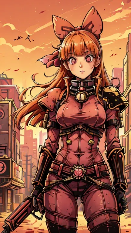 (8k),(masterpiece),(Japanese),(1girl,solo),((innocent look)),((Childish)),From the front, upper body, Cowboy shot, (Blossom:1.5), (long orange hair, blunt bangs, pink eyes:1.2), (hair bow, red bow), Standing, Daylight, bright, cyberpunk city,(adepta sorori...