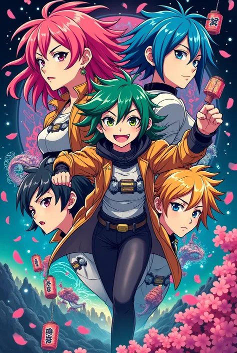 Create a vibrant and dynamic anime-inspired t-shirt featuring a group of adventurous characters with colorful hair, expressive faces, and unique outfits. Incorporate elements like futuristic technology, magical creatures, or traditional Japanese motifs to ...