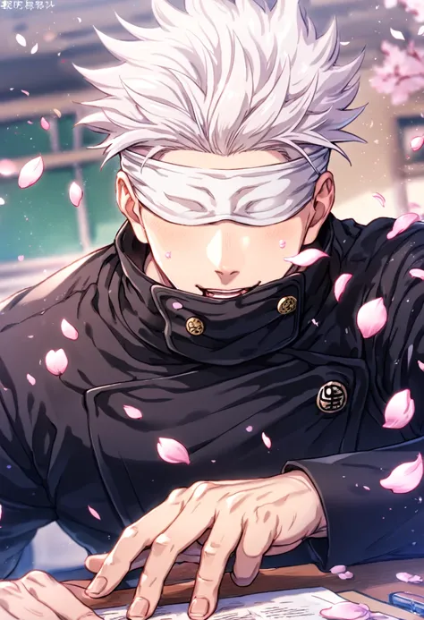 Ultra detailed, highres, absurdres, HDR, master piece, Gojo Satoru, white hair, white blindfold, blindfolded eyes, covered eyes, black uniform, black pants, Jujutsu Kaisen, sexy man, classroom, cherry blossoms, petals, handsome, best quality, fantasy, magi...