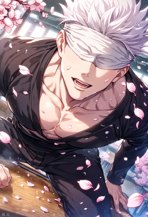 Ultra detailed, highres, absurdres, HDR, master piece, Gojo Satoru, white hair, white blindfold, blindfolded eyes, covered eyes, black uniform, black pants, Jujutsu Kaisen, sexy man, classroom, cherry blossoms, petals, handsome, best quality, fantasy, magi...