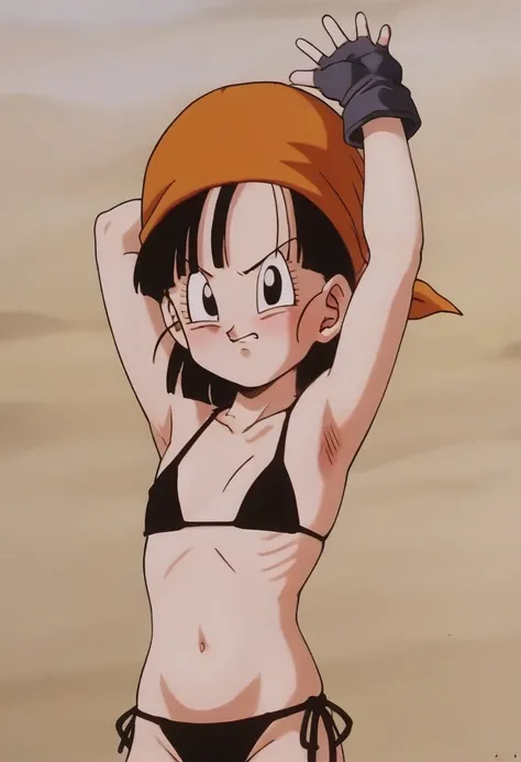 source_anime, score_9, score_8_up, score_7_up, anime style, absurd res,
pan (dragon ball), beach background, bare shoulders, armpits, showing armpits, arms behind head, visible armpits, short hair, black hair, bikini, black gloves, black eyes, orange banda...