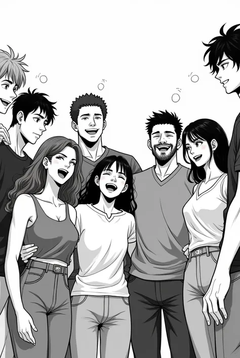 in black and white manga style, FIVE MEN AND THREE WOMEN in a photograph among happy friends