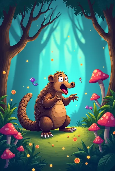 in magical jungle, there is pangolin with shocked face. cartoon version please