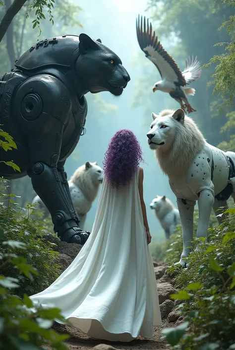 Caucasian woman turning around with her back to the camera, purple curly hair, dressed in a white cloak, surrounded by a large mechanical black jaguar, an mechanical eagle ,a mechanical wolf, a mechanical white lion and plants, fantasy and sci-fi combinati...