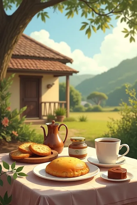 Generate image with a breakfast table with a house in the background , a simple and cozy house, A beautiful sky, a little vegetation in the background, add to coffee table, a simple coffee pot with American cups and cheese breads and a jar of dulce de lech...