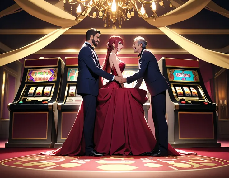 A lavish casino scene unfolds as a shabby-dressed homeless man wins big on a rare slot machine. Golden coins cascade from the payout slot at his knees. Two stunning dealers, their cunning masked by intellectual airs, lean in on either side, pressing agains...