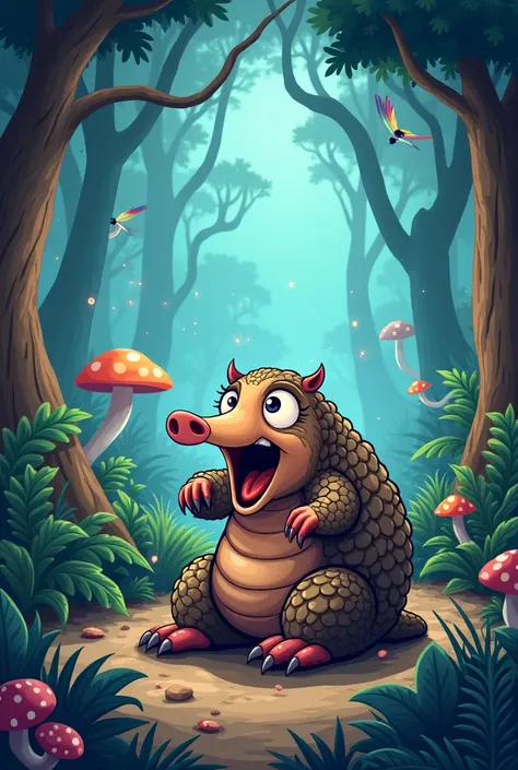 in magical jungle, there is pangolin with shocked face. cartoon version please