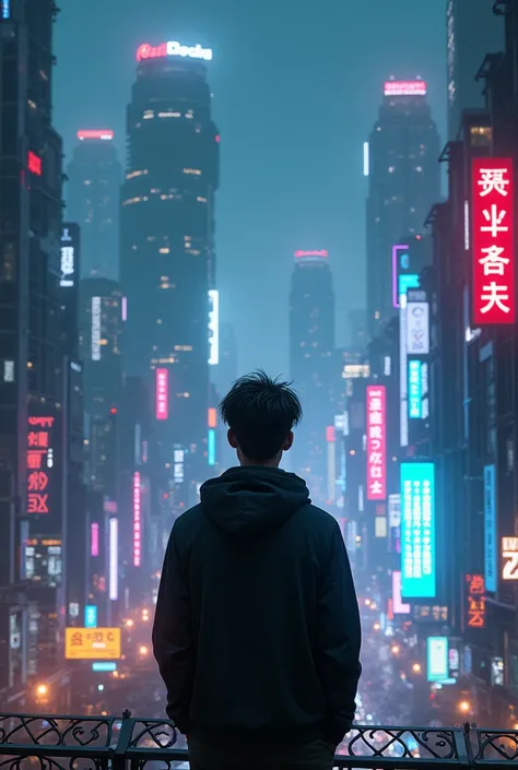 realism, High definition 4k, young man contemplating a futuristic city, many lights, technology, cyberpunk 