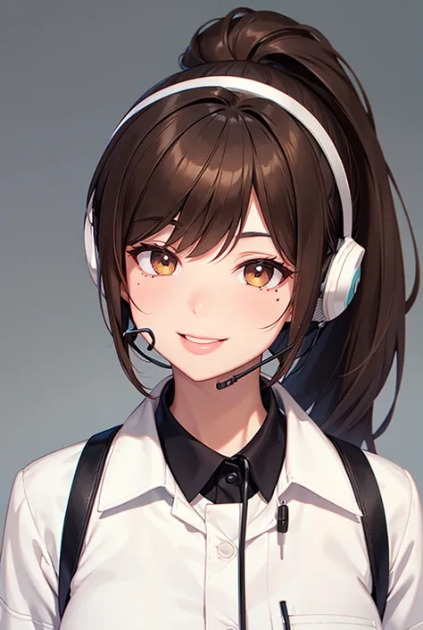 Telephone operators,ponytail, Brown Hair, bangs, Open your mouth a little, smiling, Licking your lips, Highest quality, Anatomically correct, Character profile, Simple Background, earphone, Mole at the corner of the mouth, 