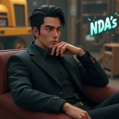 a black hair adult male wearing black jacket, sitting on a sofa, heavy equipment warehouse as background, masterpiece, award-winning 3d cartoon, correct proportion, hyper det isailed, intricate, insanely detailed, octane render, trending on artstation, hig...