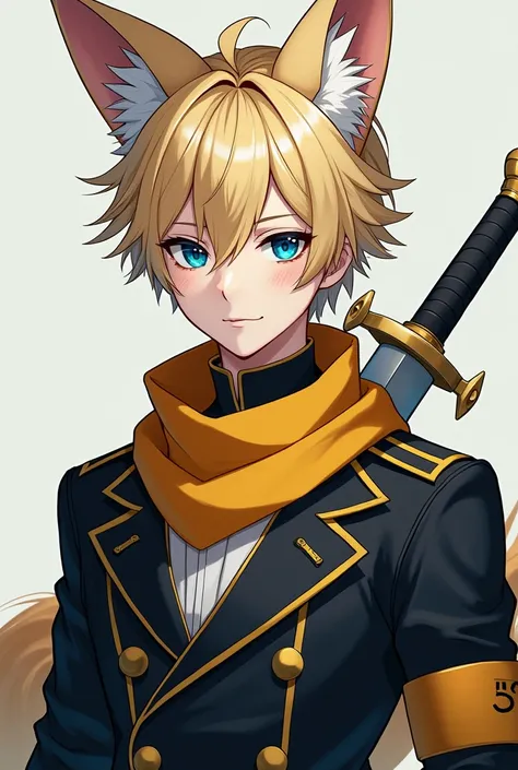 a handsome young boy, close-up of a man holding a sword and a dagger, blonde hair, yellow triangular scarf wrapped around his neck, black military uniform, large fluffy fox ears, inspired by Yan Jin, moon-themed costume, astral witch costume, azure blue ey...