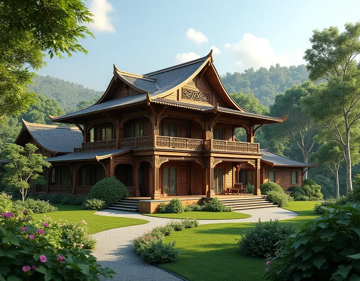 Make a picture of a two-story Ternate style house made of brown wood with a light steel frame in the middle of a garden with an area of ​​5 hectares, there is a horse stable beside, there is an archery shooting range beside,