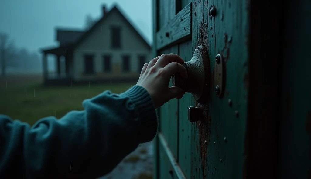 Extreme cinematic close-up of the childs hand pushing open the door of the abandoned house. Its nighttime, very dark and raining. Mystery, suspense. Cinematic lighting. Realistic scene.