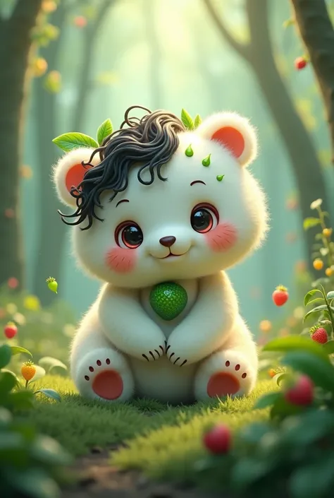 Cute little bear image, with a white coat and curly black hair, green drops like strawberry seeds. The head with leaf ears and bear body, bear snout and , eyes could be big and expressive. AI mode with enchanted forest background 