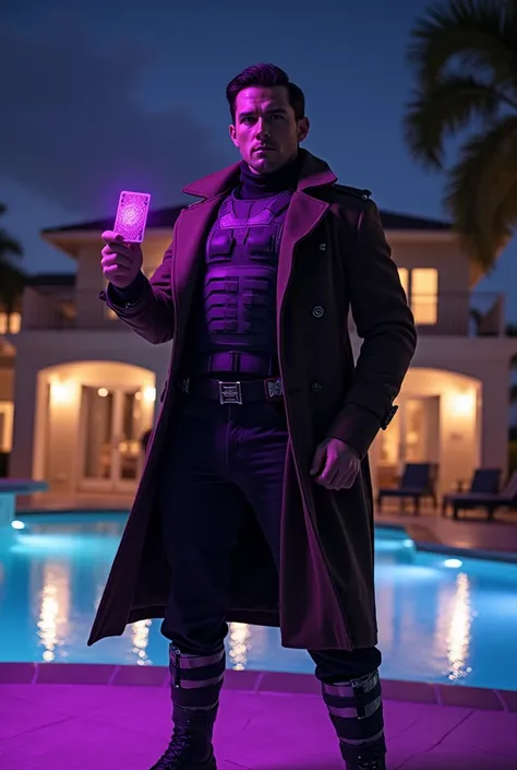 Channing Tatum wearing a dark brown overcoat wearing a purple tactical armour and black pants and silver military boots holding a purple playing card at a pool in a florida mansion night time