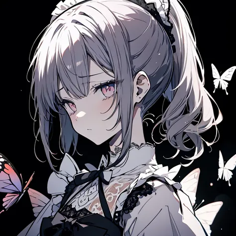 maid、Butterfly Accessories、Lace fabric、A sad face、Look to the side、Look down、aggressive、Bad mood、ponytail、cool