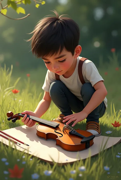 A  boy crouches down and draws a violin while leaning forward