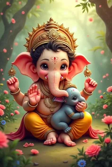 Cute small ganesh sitting with elephant 