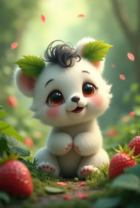 Cute little bear image, with a white coat and curly black hair, green and red drops like strawberry seeds. The head with leaf ears and bear body, bear snout and , eyes could be big and expressive. AI mode with enchanted forest background 